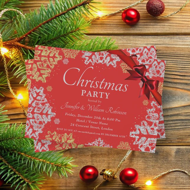 Invitación Sencillo copo de nieve dorado y plata Navidad Navi (Simple Gold & Silver Snowflakes Xmas Holiday Red Invitation)