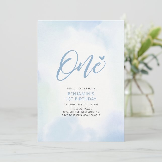 Invitación Sencillo corazón azul Primera fiesta de cumpleaños (Anverso de pie)