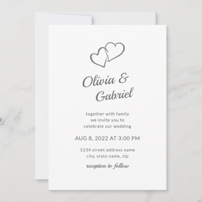 Invitación Sencillo Corazón Elegante. Elegante boda de guión (Anverso)