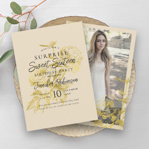 Invitación Sencillo crema dorada foto floral SORPRESA dulce 1