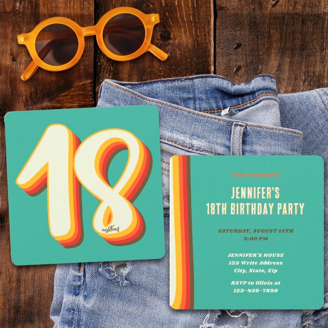 Invitación Sencillo Cumpleaños 18 Moderno Retro Groovy (Front and Back)