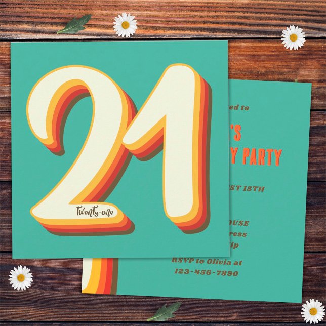 Invitación Sencillo Cumpleaños 21 Retro Moderno Groovy (Front and Back)