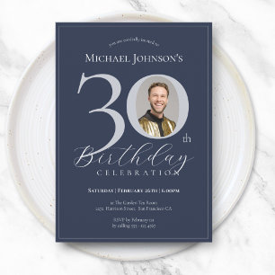 Invitación Sencillo Cumpleaños 30 Clásico Foto Azul Marino Pl