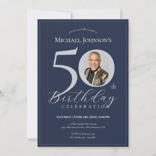 Invitación Sencillo Cumpleaños 50 Clásico Azul Marino Plata F