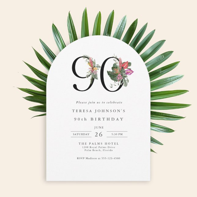 Invitación Sencillo Cumpleaños Tropical Elegante 90 (Available in both printed and instant download digital formats.)