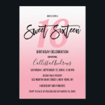 Invitación Sencillo degradado blanco rosado Ombre dulce 16<br><div class="desc">Esta sencilla y moderna invitación Sweet 16 es perfecta para el chica de cumpleaños contemporáneo y minimalista. Su diseño representa un elegante degradado de color rosa y blanco con una tipografía personalizado de pinceles negros. ***NOTA DE DISEÑO IMPORTANTE: Para cualquier solicitud de diseño personalizado, como solicitudes de productos coincidentes, cambios...</div>
