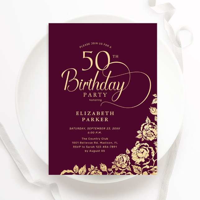 Invitación Sencillo elegante 50 cumpleaños de oro de Borgoña (Subido por el creador)