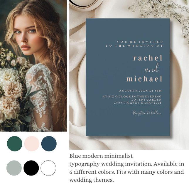Invitación Sencillo, elegante, azul (Green modern minimalist 
typography wedding invitation. Available in 6 different colors. )