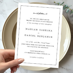 Invitación Sencillo Elegante Blanco Negro Borde Islámico Boda