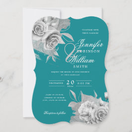 Invitación Sencillo elegante Boda Plata Floral y Relieve meta