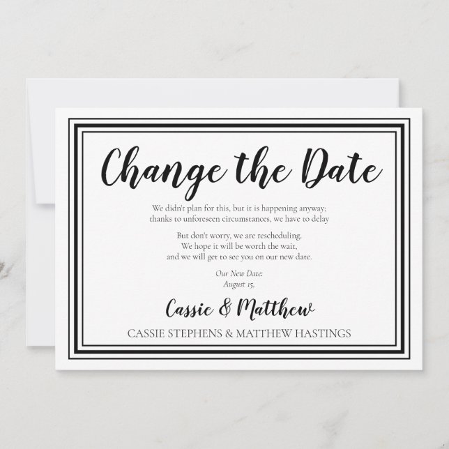 Invitación Sencillo Elegante BW Cambio de Fecha de Boda (Anverso)
