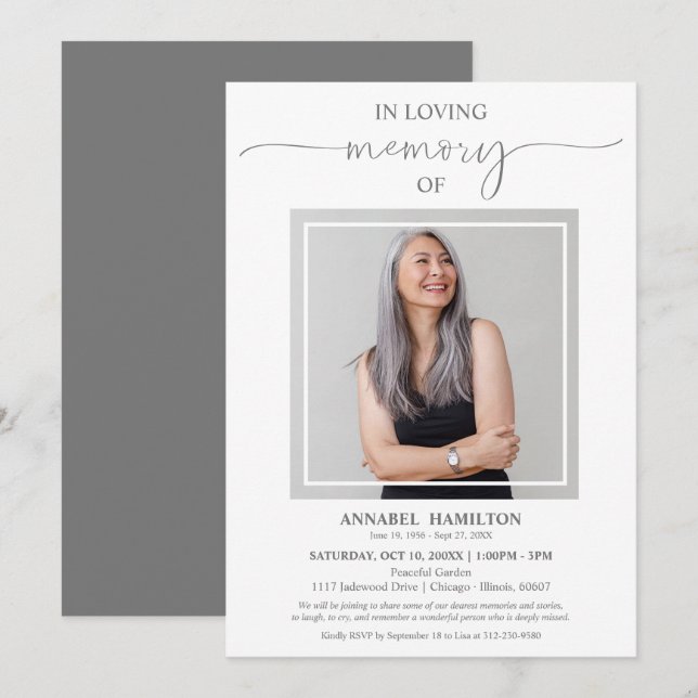 Invitación Sencillo Elegante En La Foto De Funeral De La Memo (Anverso / Reverso)