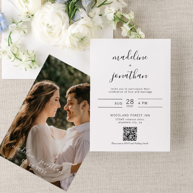 Invitación Sencillo Elegante Guión Foto Código QR Boda Rsvp (Subido por el creador)