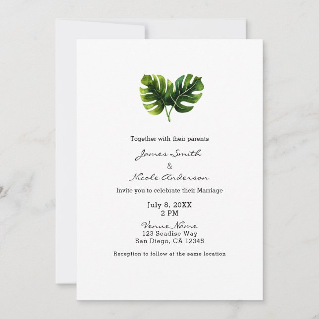 Invitación Sencillo Elegante Hojas de Palma Tropical Boda Chi (Anverso)