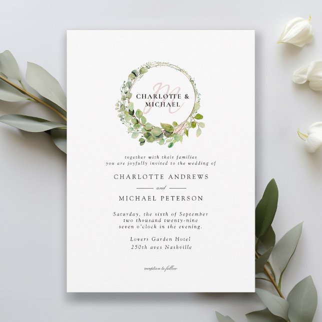 Invitación Sencillo, elegante, monograma boda de eucalipto (Subido por el creador)