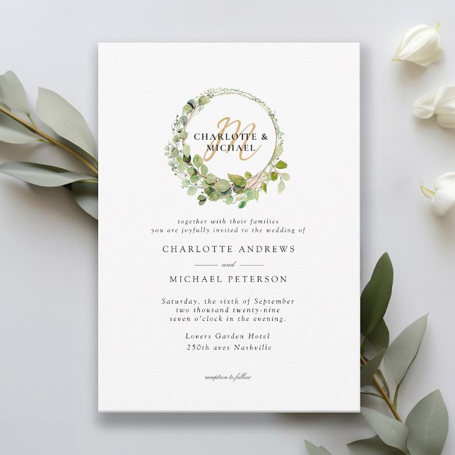 Invitación Sencillo, elegante, monograma boda de eucalipto (Subido por el creador)