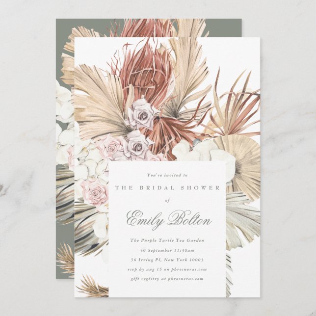 Invitación Sencillo elegante Sage Floral Moss Green Pampas Bo (Anverso / Reverso)