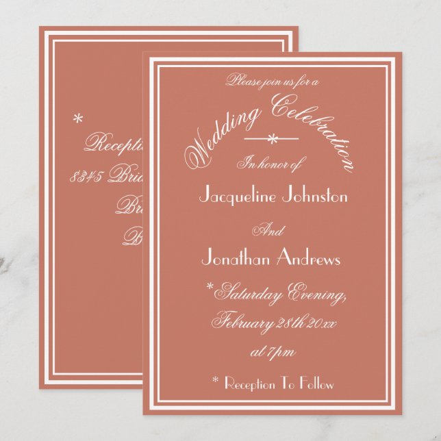 Invitación Sencillo Elegante Terracota Boda Blanco Script (Anverso / Reverso)