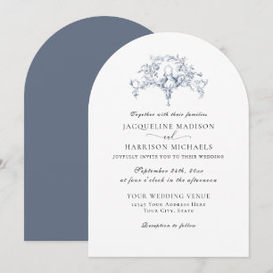 Invitación Sencillo Elegante Toile Francés Azul Marino Blanco
