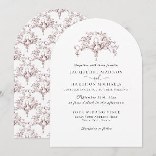 Invitación Sencillo Elegante Toile Francés Palomas Rojo Burde