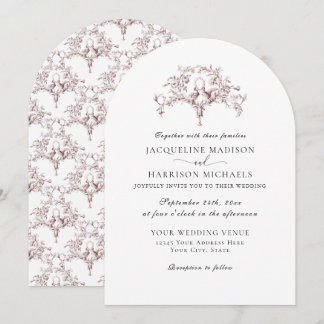 Invitación Sencillo Elegante Toile Francés Palomas Rojo Burde