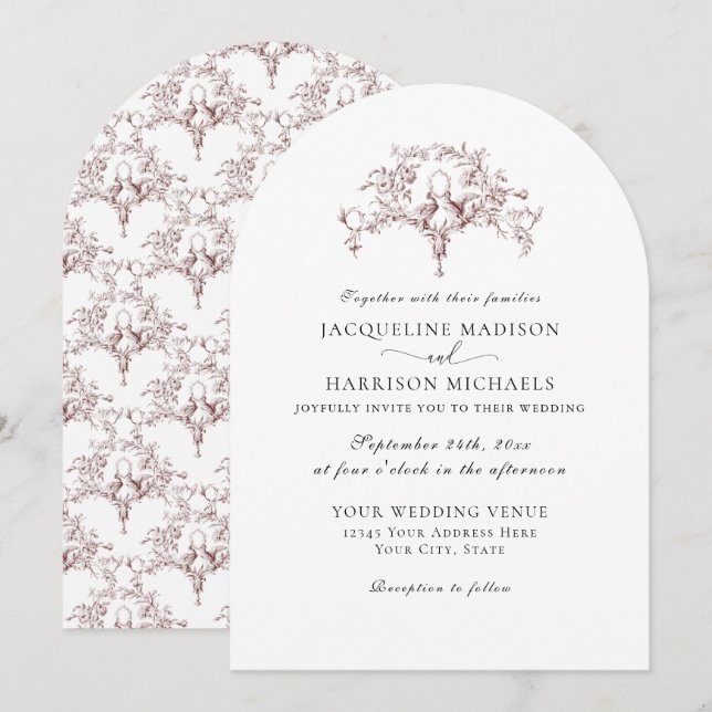 Invitación Sencillo Elegante Toile Francés Palomas Rojo Burde (Anverso / Reverso)
