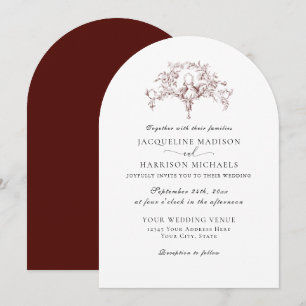 Invitación Sencillo Elegante Toile Francés Palomas Rojo Burde