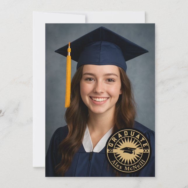 Invitación Sencillo Emblema Redondo Elegante & Foto Graduació (Anverso)