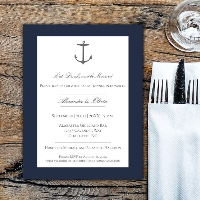 Invitación Sencillo ensayo de Anchor Náutico Cena Naval Azul (Navy Simple Nautical Anchor Rehearsal Dinner Invitation)