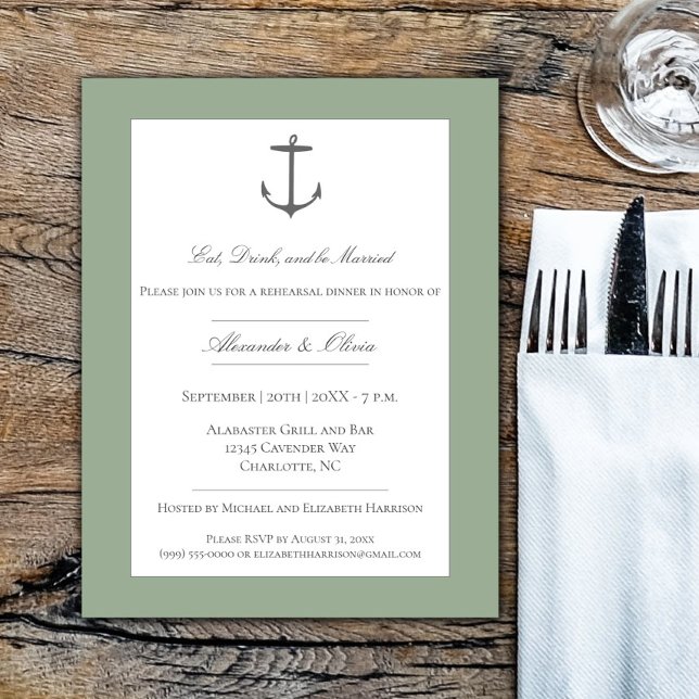 Invitación Sencillo Ensayo De Anclaje Náutico Cena Sage Green (Sage Green Simple Nautical Anchor Rehearsal Dinner Invitation)