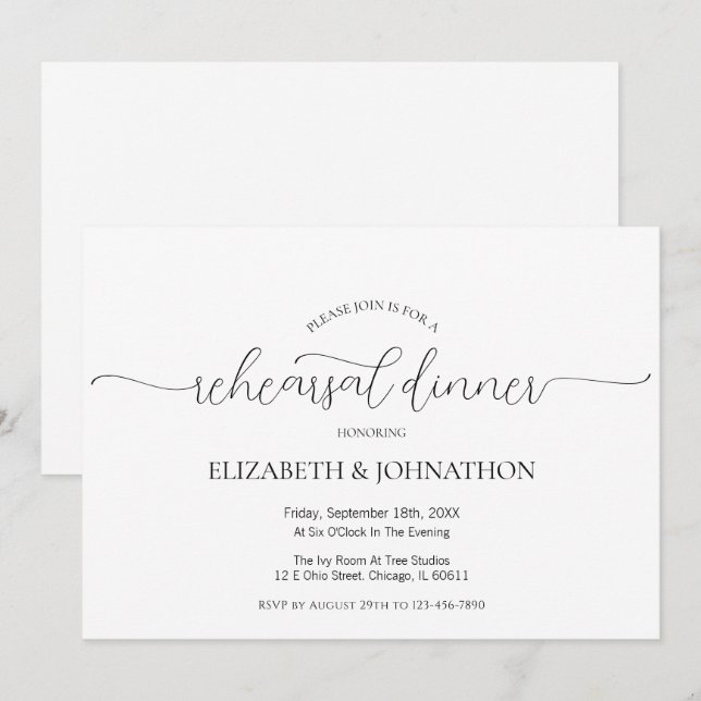 Invitación Sencillo ensayo de Boda de guión mínimo Cena (Anverso / Reverso)