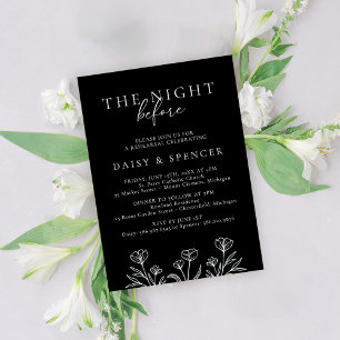 Invitación Sencillo ensayo de Boda floral moderno negro