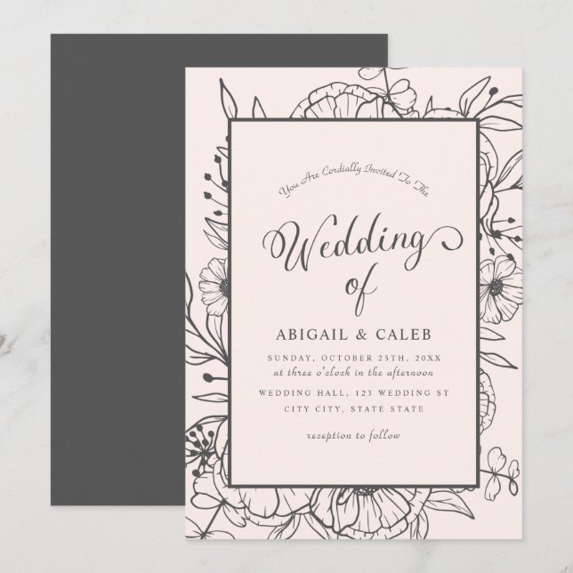 Invitación Sencillo Esbozo Floral Elegante Boda rosa y gris (Anverso / Reverso)