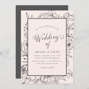 Invitación Sencillo Esbozo Floral Elegante Boda rosa y gris