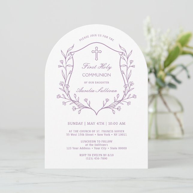 Invitación Sencillo Escudo Floral Lilac Primero Santa Comunió (Anverso de pie)