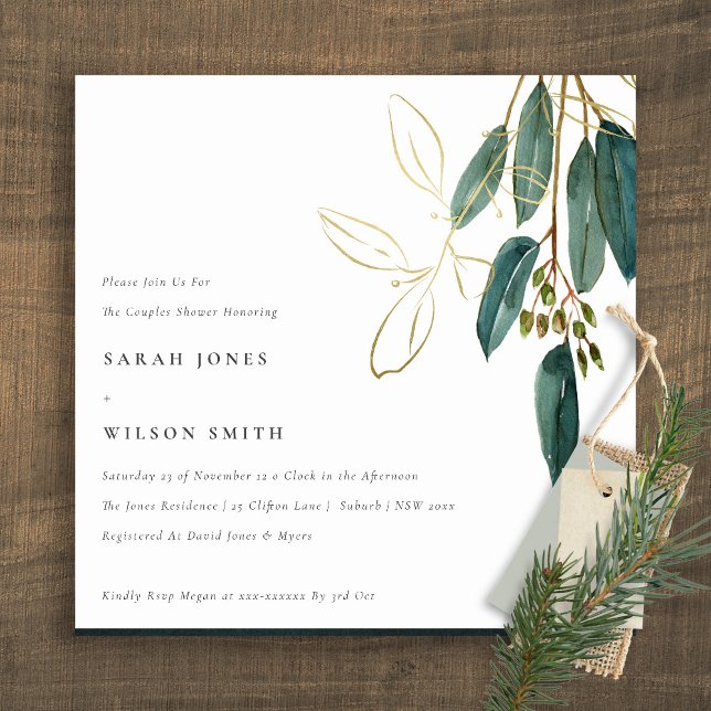 Invitación Sencillo Eucalipto Verde Oro Ducha Pareja Foliage (Subido por el creador)