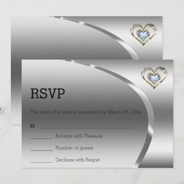 Invitación Sencillo Fondo Plateado Y Corazón De Diamantes (Anverso / Reverso)