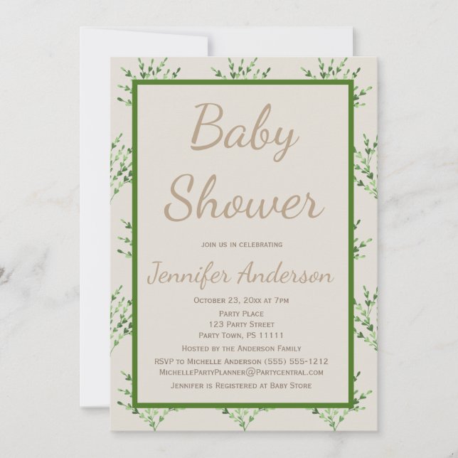 Invitación Sencillo género Neutral Green Tan Baby Shower (Anverso)
