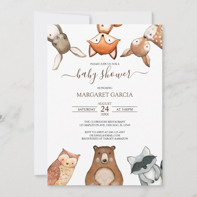 Invitación Sencillo género Neutral WOODLAND Baby Shower (Anverso)