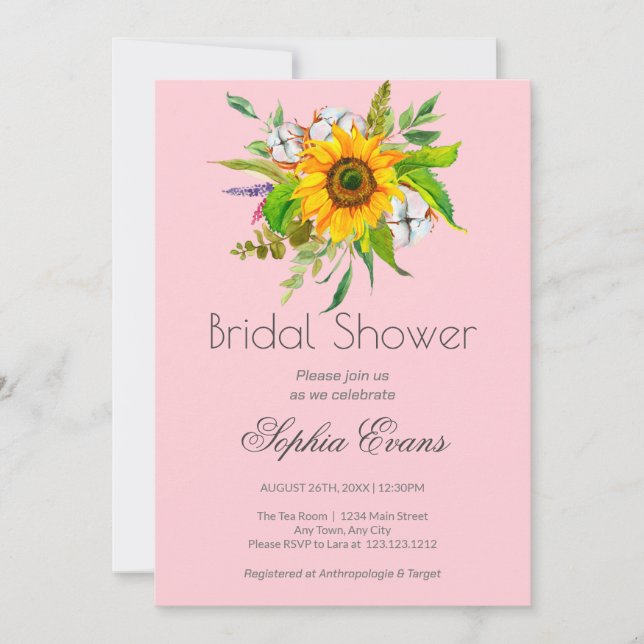 Invitación Sencillo girasol y vegetación ducha de novia rosa (Anverso)