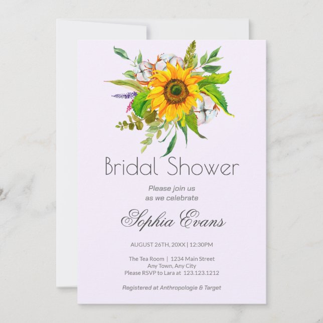 Invitación Sencillo girasol y vegetación Ducha Morada Bridal (Anverso)