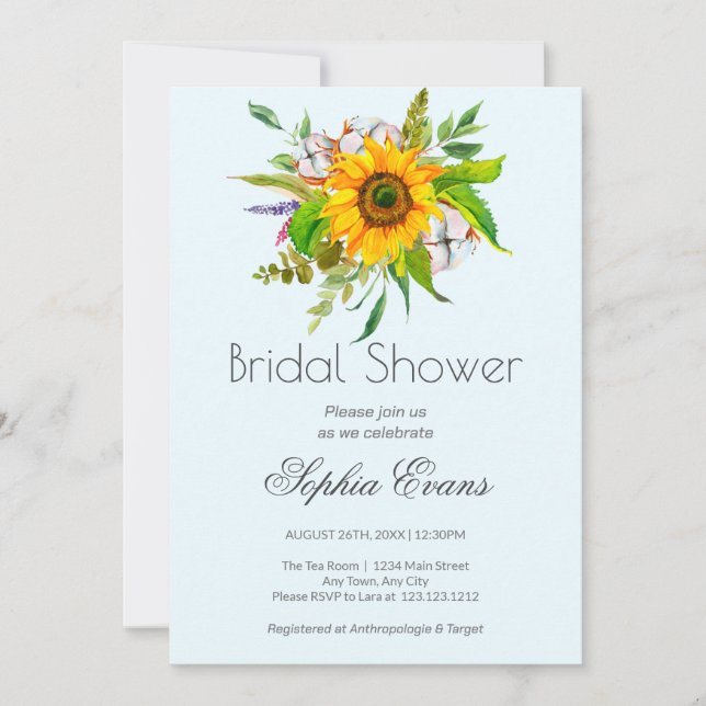Invitación Sencillo girasol y verde ducha azul de novia (Anverso)