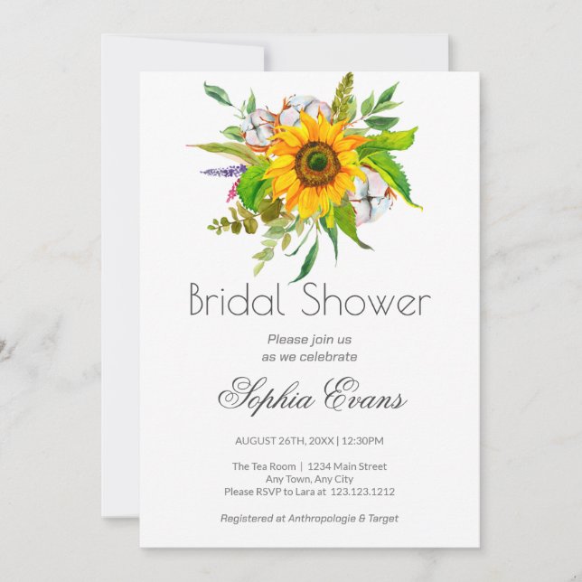 Invitación Sencillo girasol y verde ducha de novia blanca (Anverso)