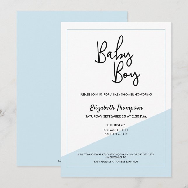 Invitación Sencillo guión azul moderno niño niño ducha (Anverso / Reverso)