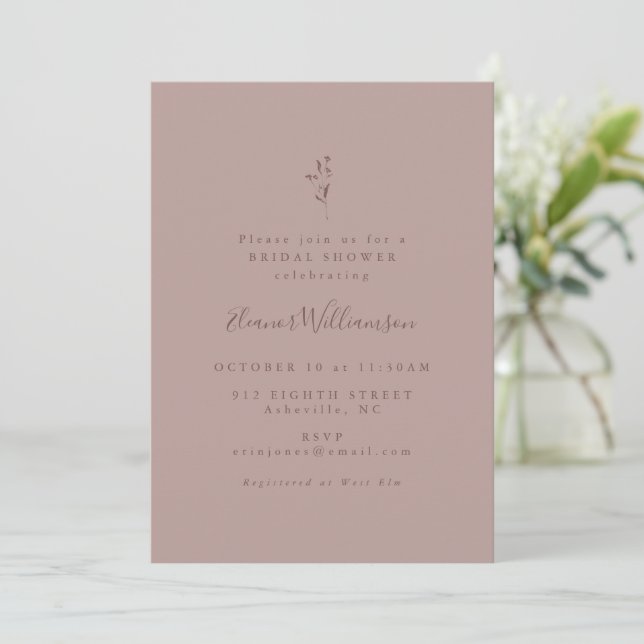 Invitación Sencillo guión botánico Dusty Mauve Bridal Shower (Anverso de pie)