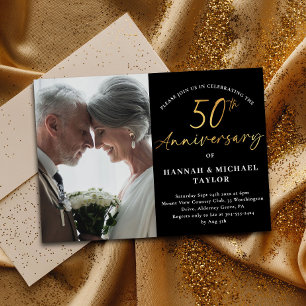 Invitación Sencillo guión de oro foto 50 aniversario de Boda