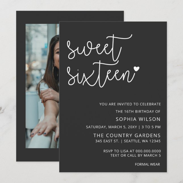 Invitación Sencillo guión Minimalista dulce 16 cumpleaños Fot (Anverso / Reverso)