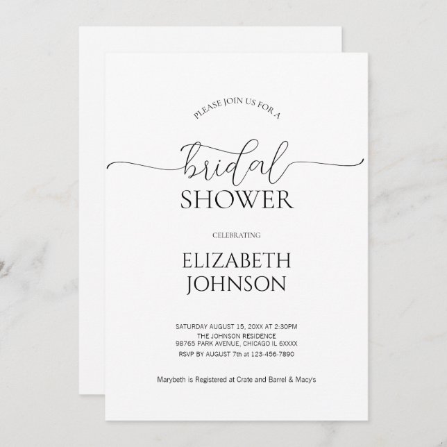 Invitación Sencillo guión mínimo Ducha de novia en blanco y n (Anverso / Reverso)