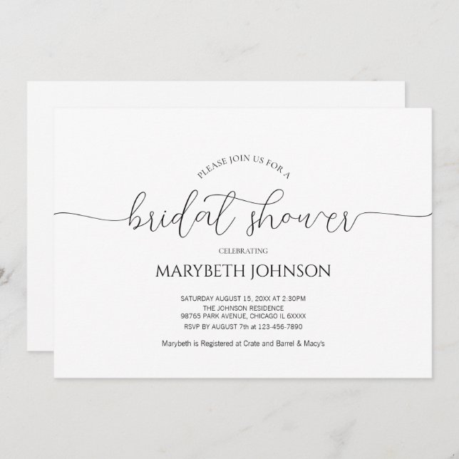 Invitación Sencillo guión mínimo Ducha de novia en blanco y n (Anverso / Reverso)