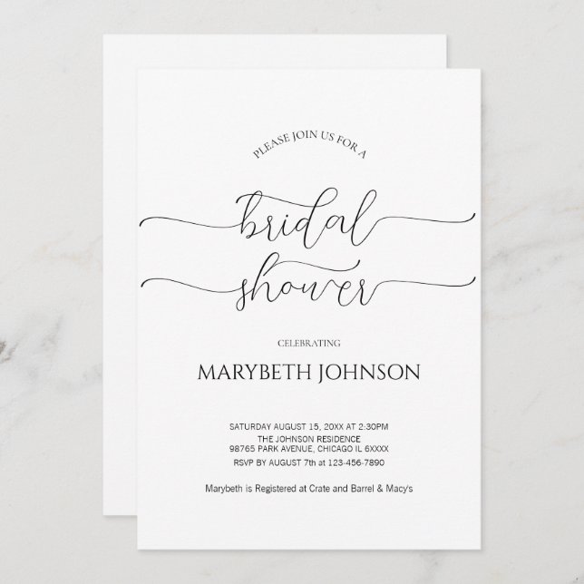 Invitación Sencillo guión mínimo Ducha de novia en blanco y n (Anverso / Reverso)